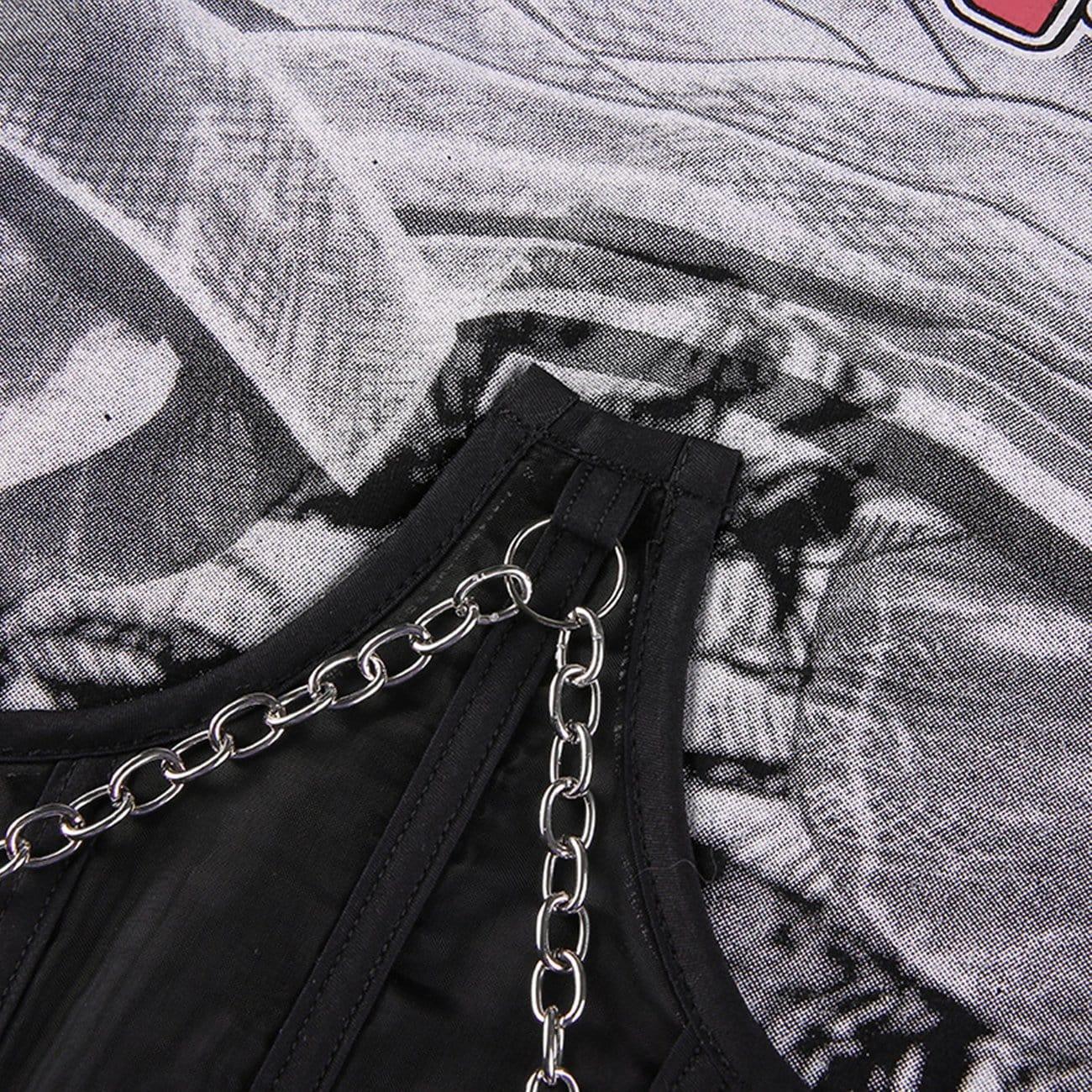 Dark Mesh Patchwork Chain Short Sleeve T Shirt