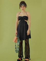 Solid Color Tie Backless Reflective Stripe Dress