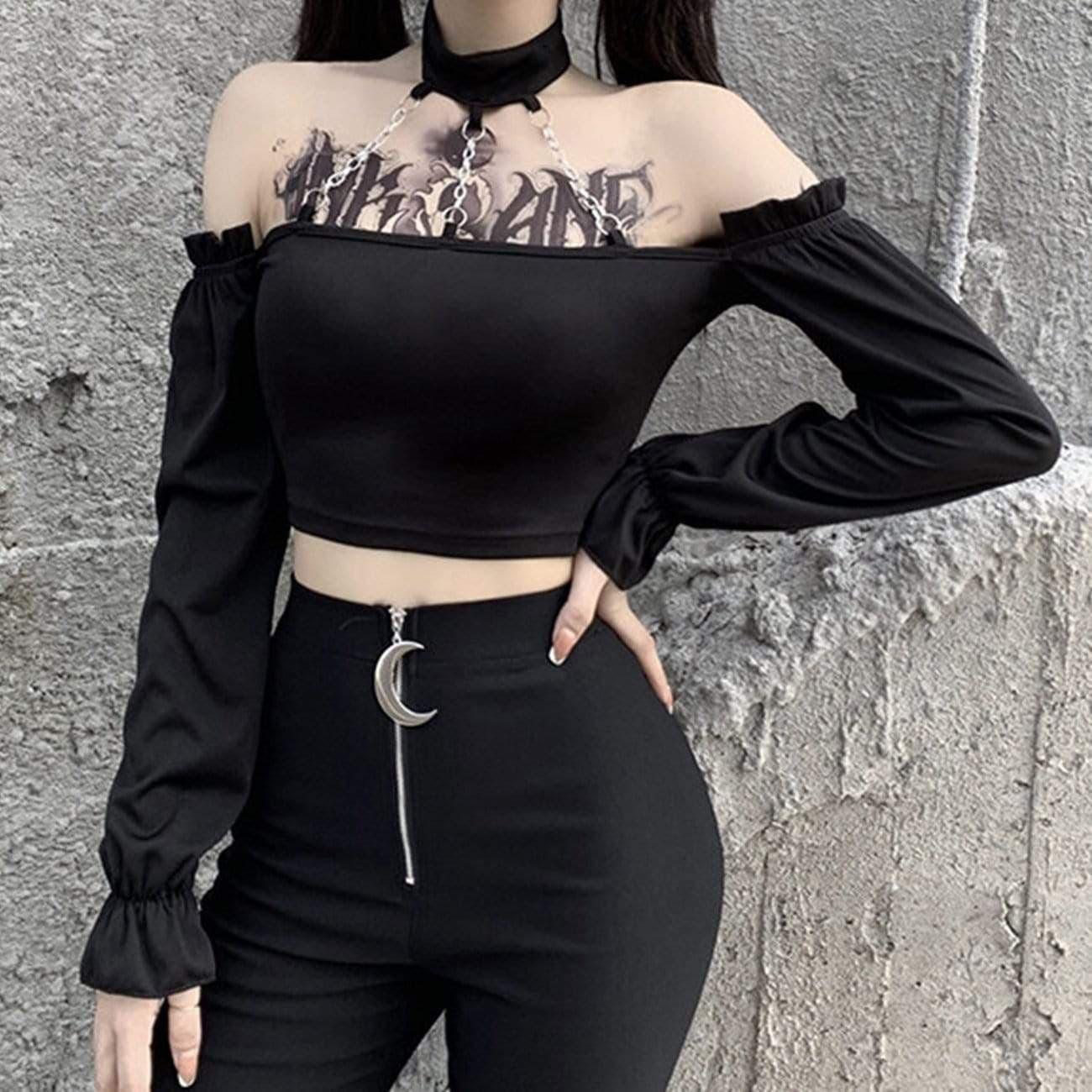 Sexy One-shoulder Fashion Chain Halterneck Short Top