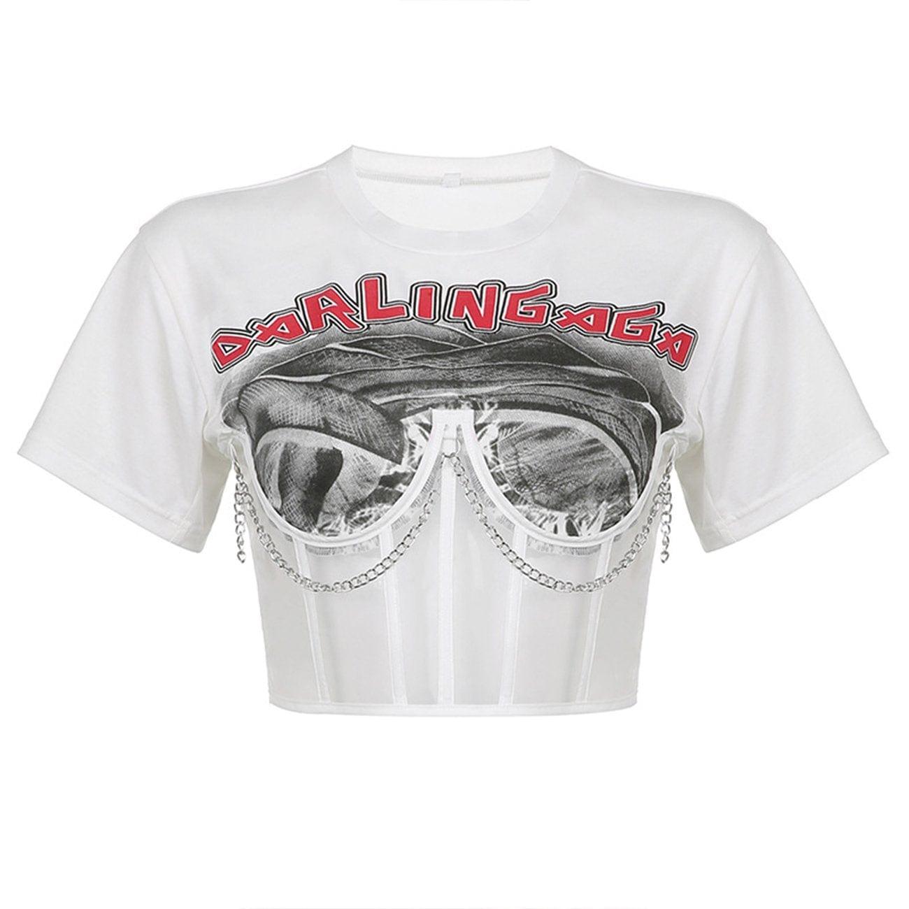 Dark Mesh Patchwork Chain Short Sleeve T Shirt