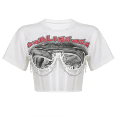 Dark Mesh Patchwork Chain Short Sleeve T Shirt