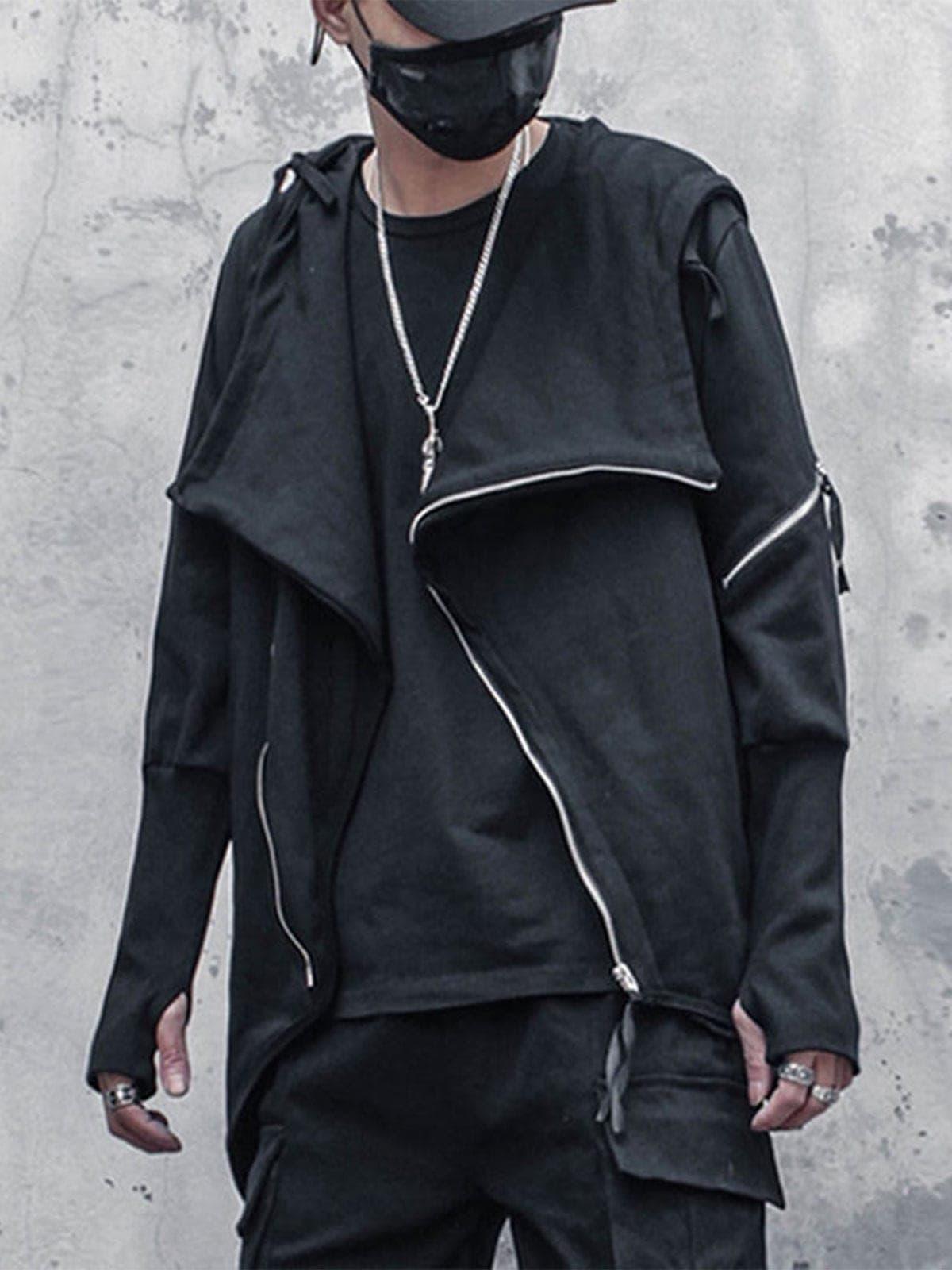 Dark Asymmetric Side Zip Cape Jacket