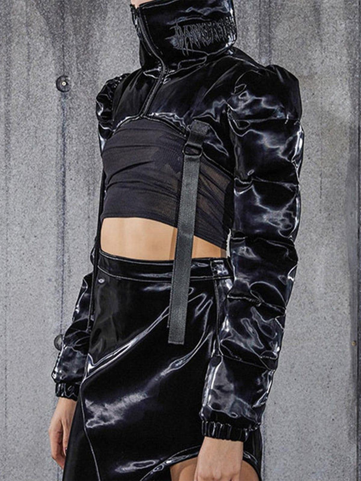 Techwear Solid Ribbons Turtleneck Cropped Winter Coat