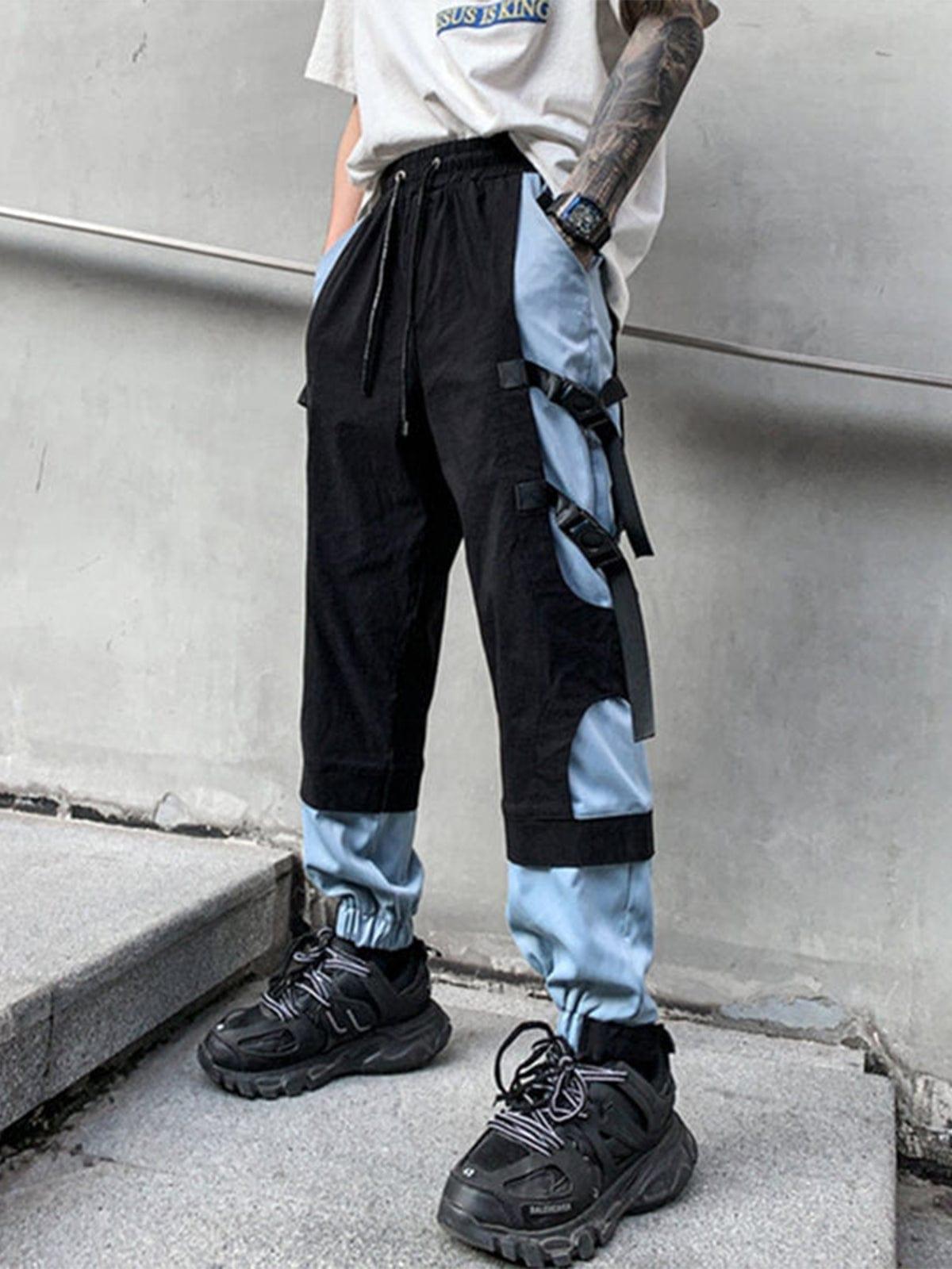 Patchwork Ribbons Buckle Cargo Pants