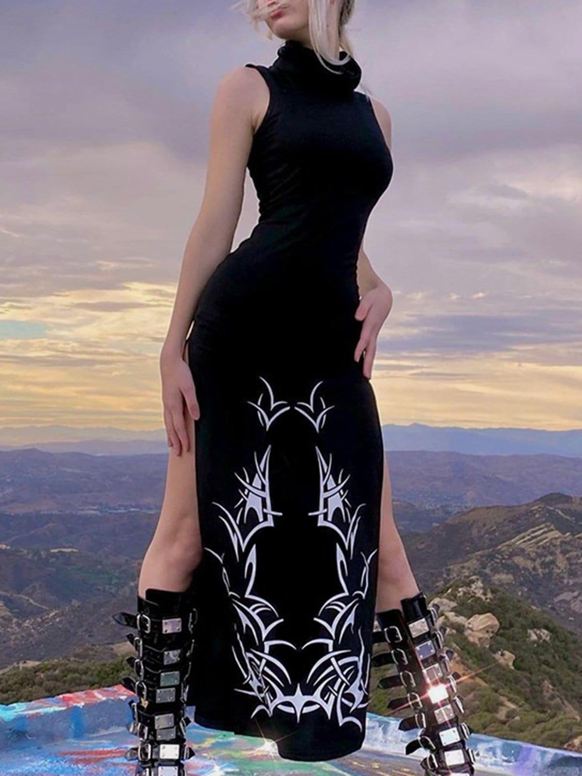 Dark Turtleneck Slit Long Dress