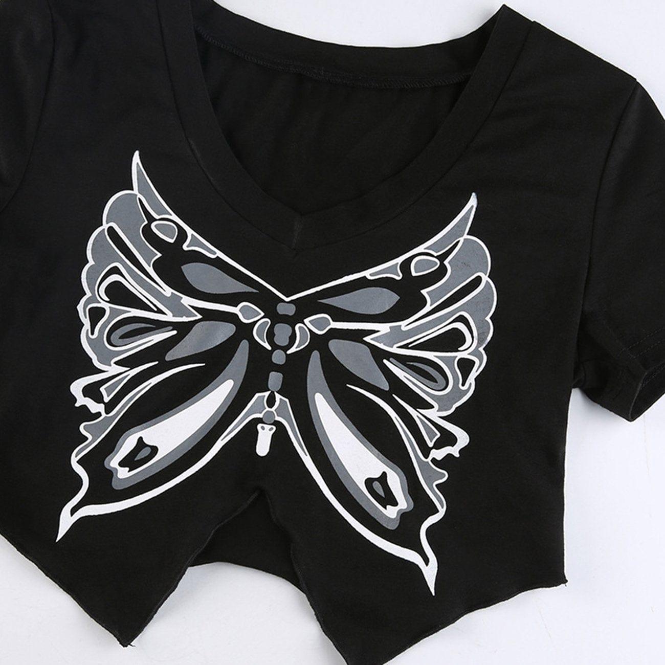 Butterfly Print Cropped Short Sleeve T Shirt