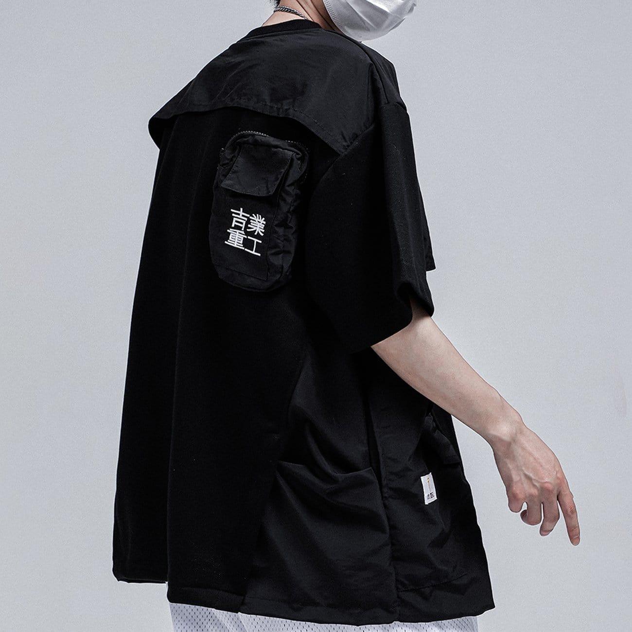 Fake Two Zipper Embroidery Decorative Pocket Tee