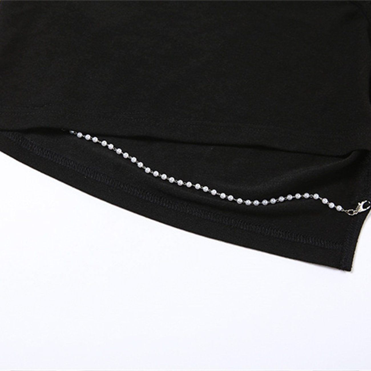 Hollow Irregular Pearl Chain Short Sleeve T Shirt