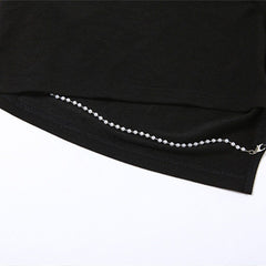 Hollow Irregular Pearl Chain Short Sleeve T Shirt