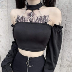 Sexy One-shoulder Fashion Chain Halterneck Short Top
