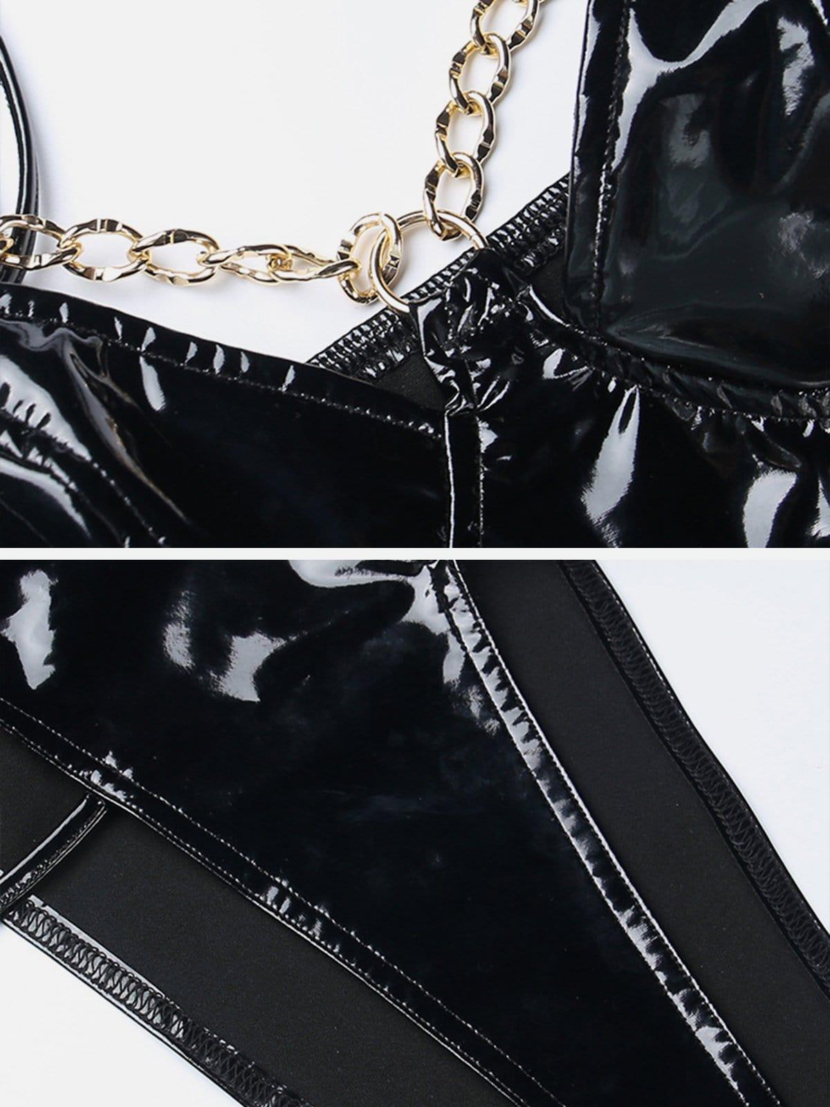Dark Chain Strap PU Jumpsuit