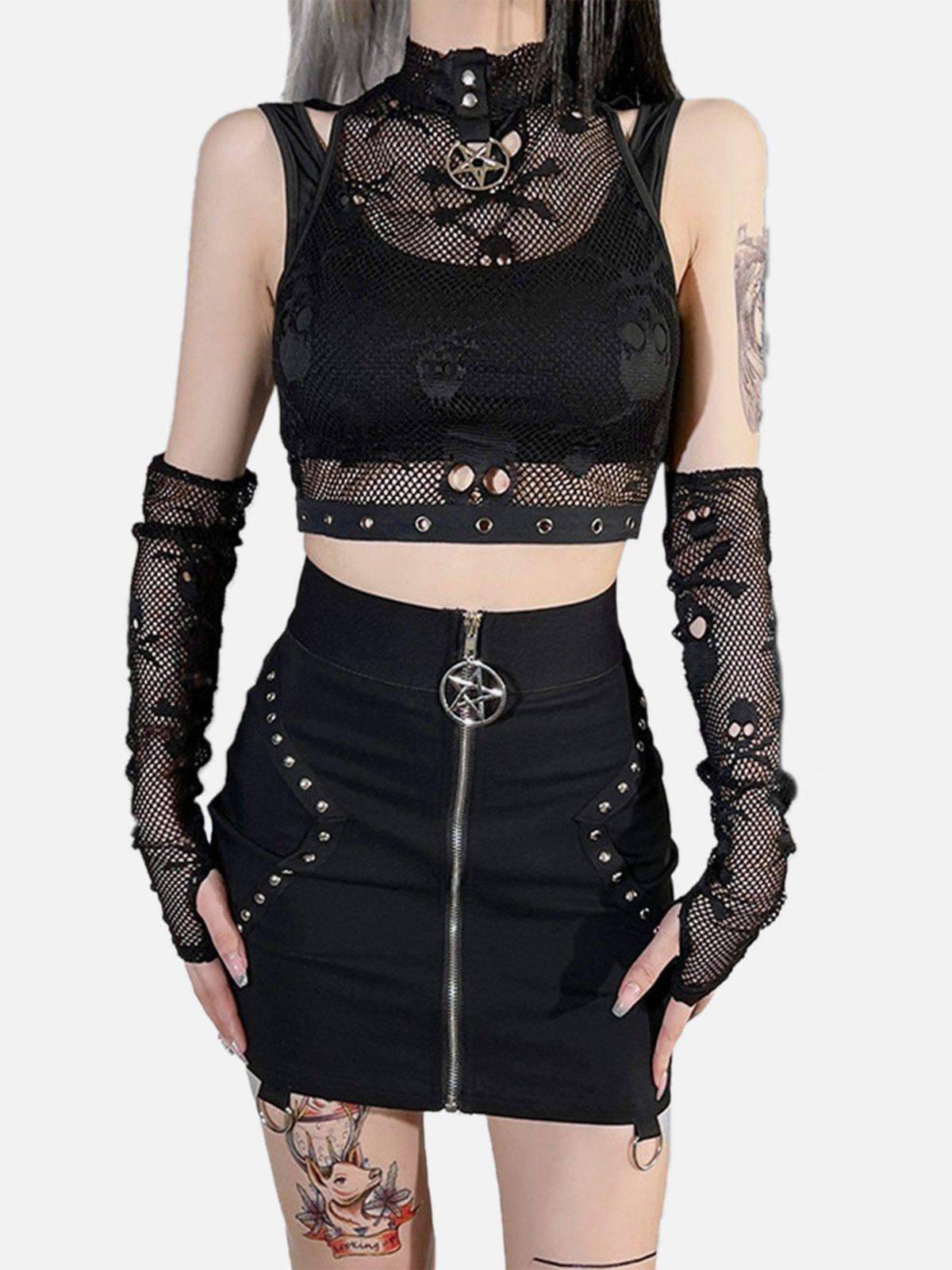 Skull Mesh Lace Cuff Shirt