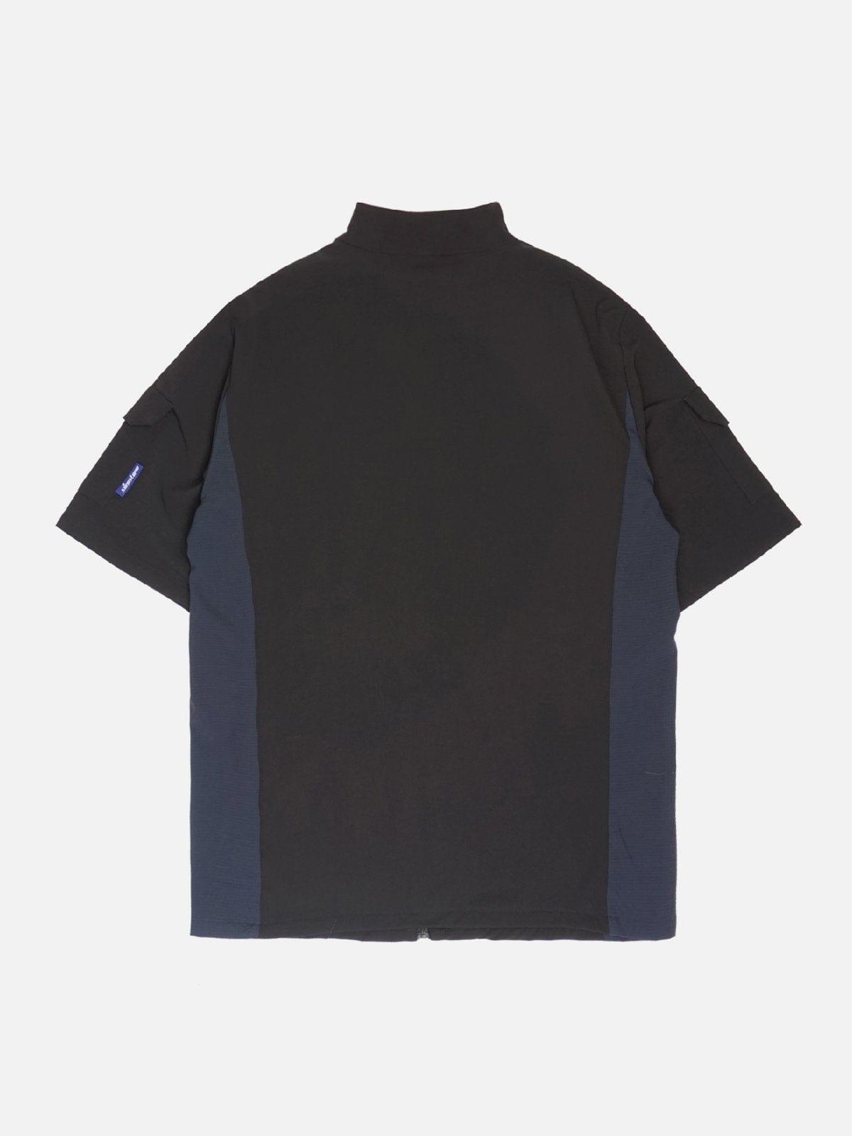 Patchwork Zip Up Function Short Sleeve Shirt