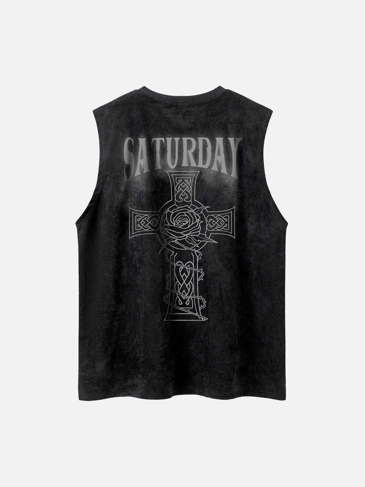 Necklace Cross Print Suede Vest