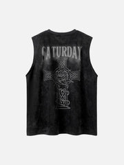 Necklace Cross Print Suede Vest