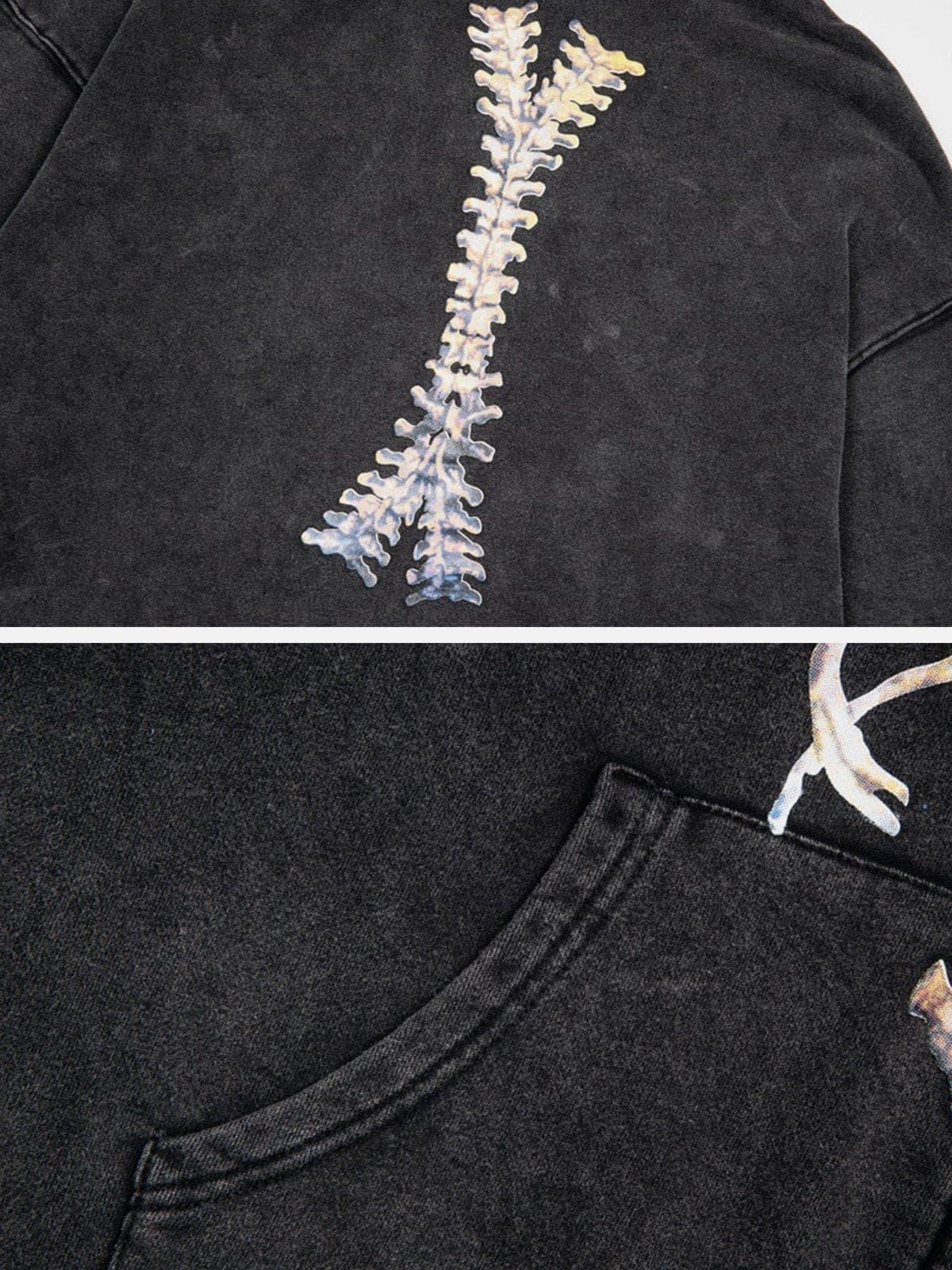 Washed Skeleton Pattern Zip Up Hoodie