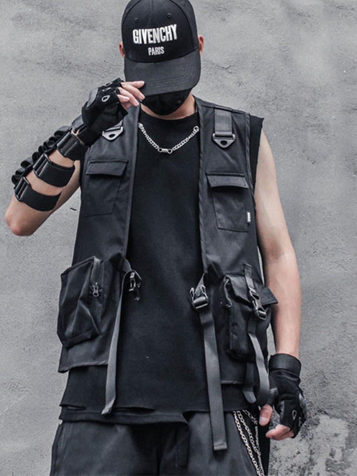 Function Dark Ninja Ribbons Pockets Cardigan Vest