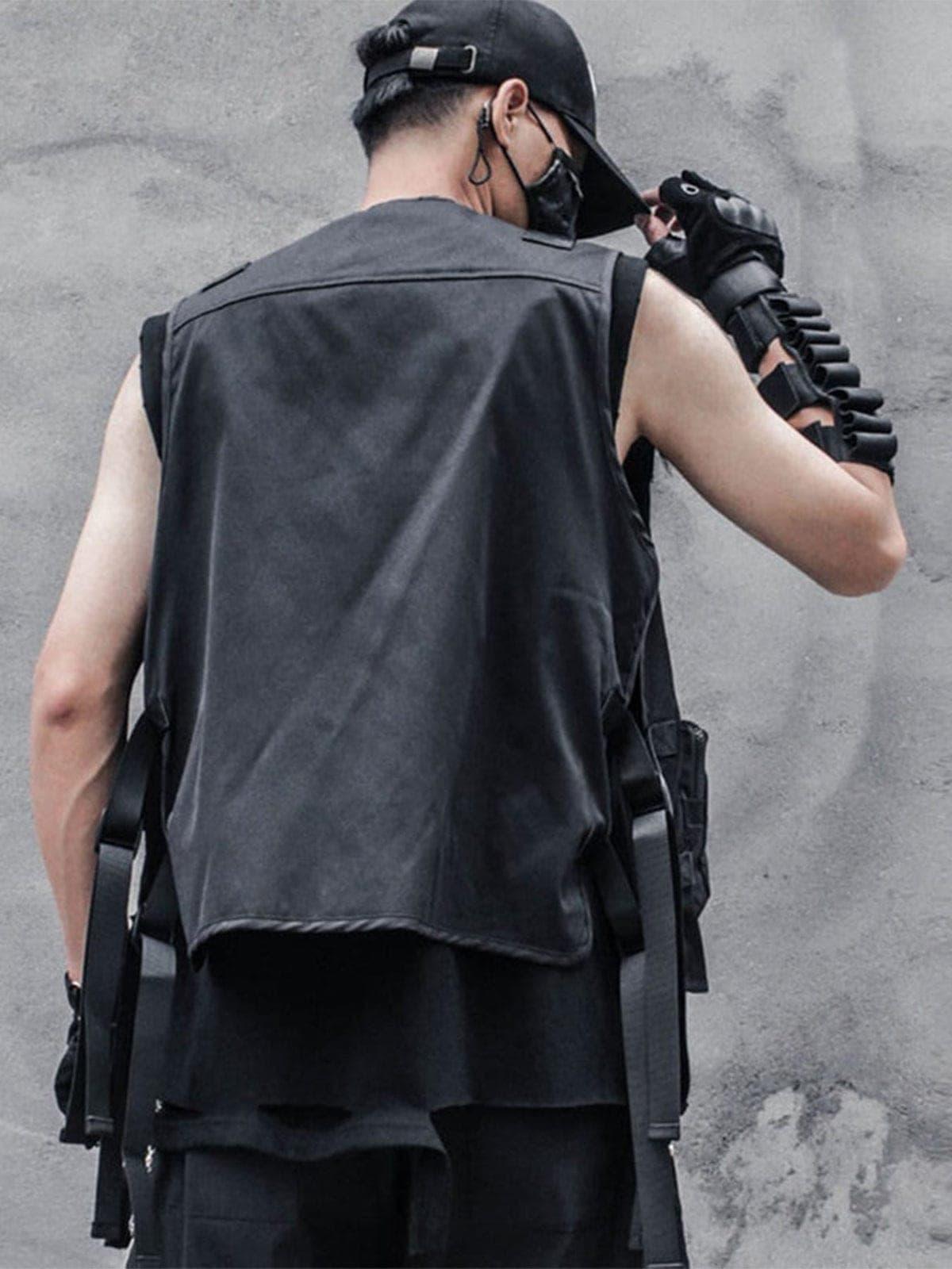 Function Dark Ninja Ribbons Pockets Cardigan Vest