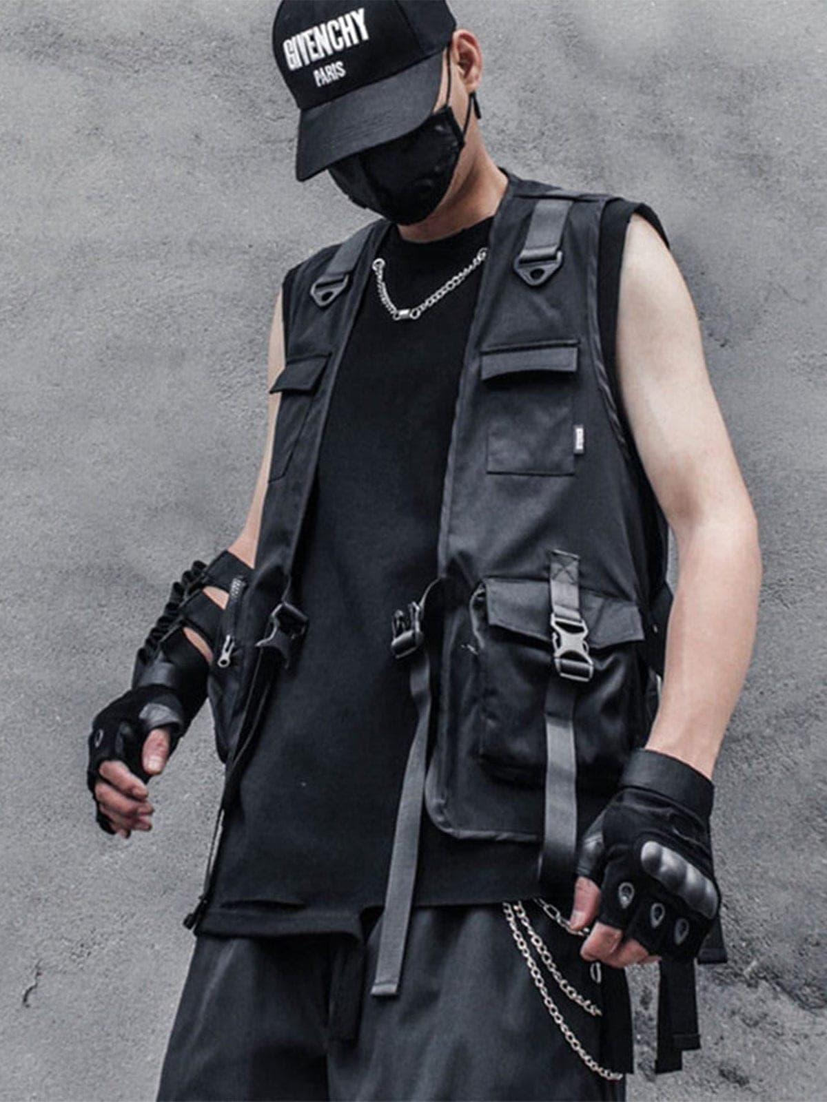 Function Dark Ninja Ribbons Pockets Cardigan Vest
