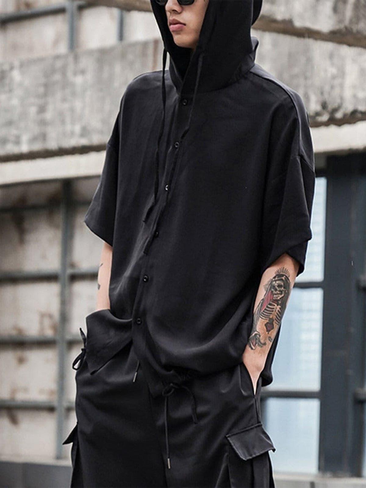Dark Elastic Oversized Hooded Shirt