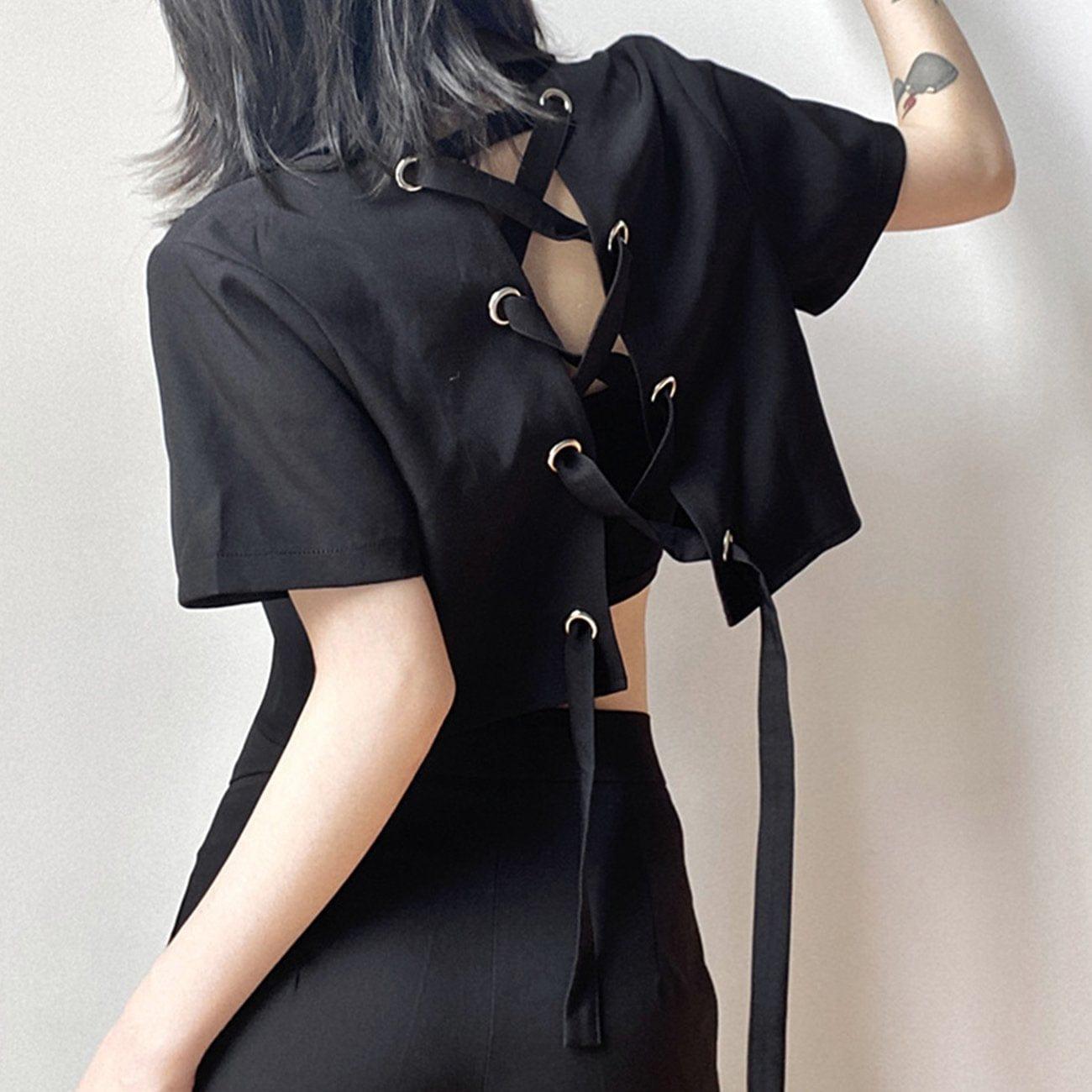 Back Cross Tie Hollow Crop Short Sleeve