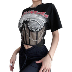 Dark Mesh Patchwork Chain Short Sleeve T Shirt