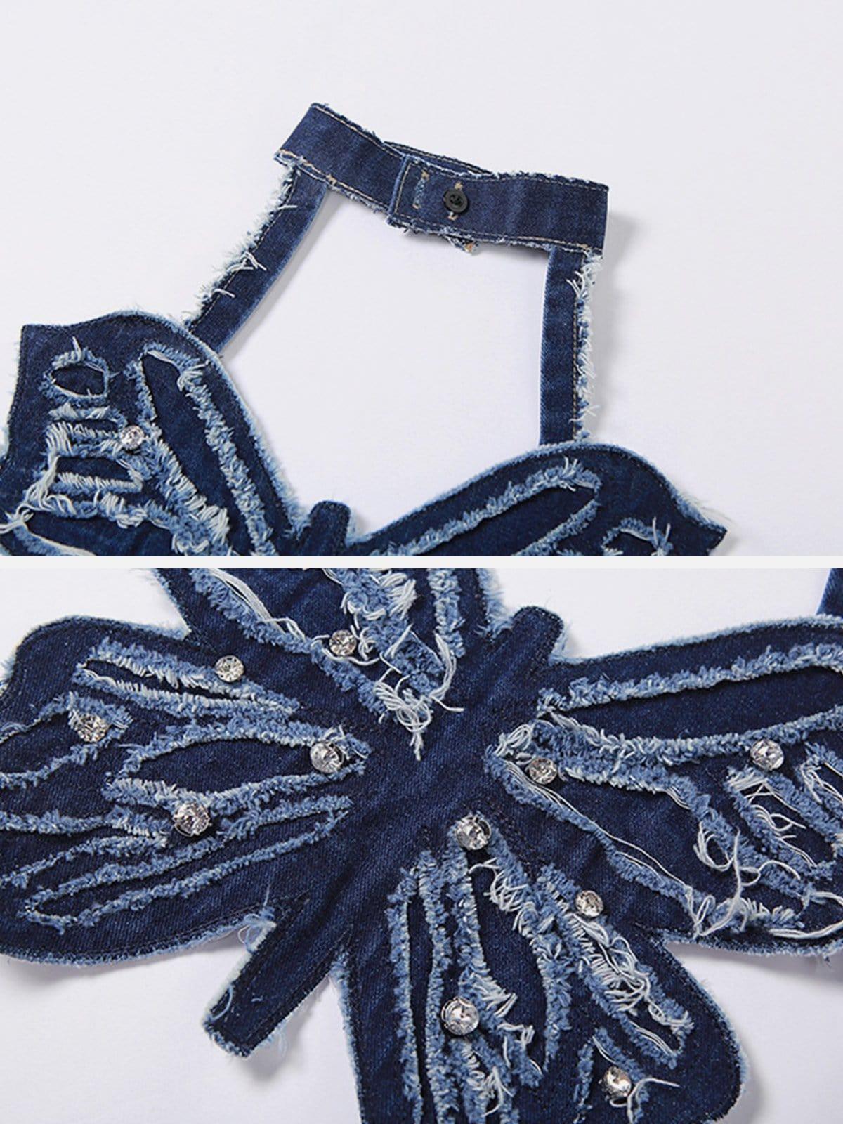Denim Distressed Butterfly Suspender Vest