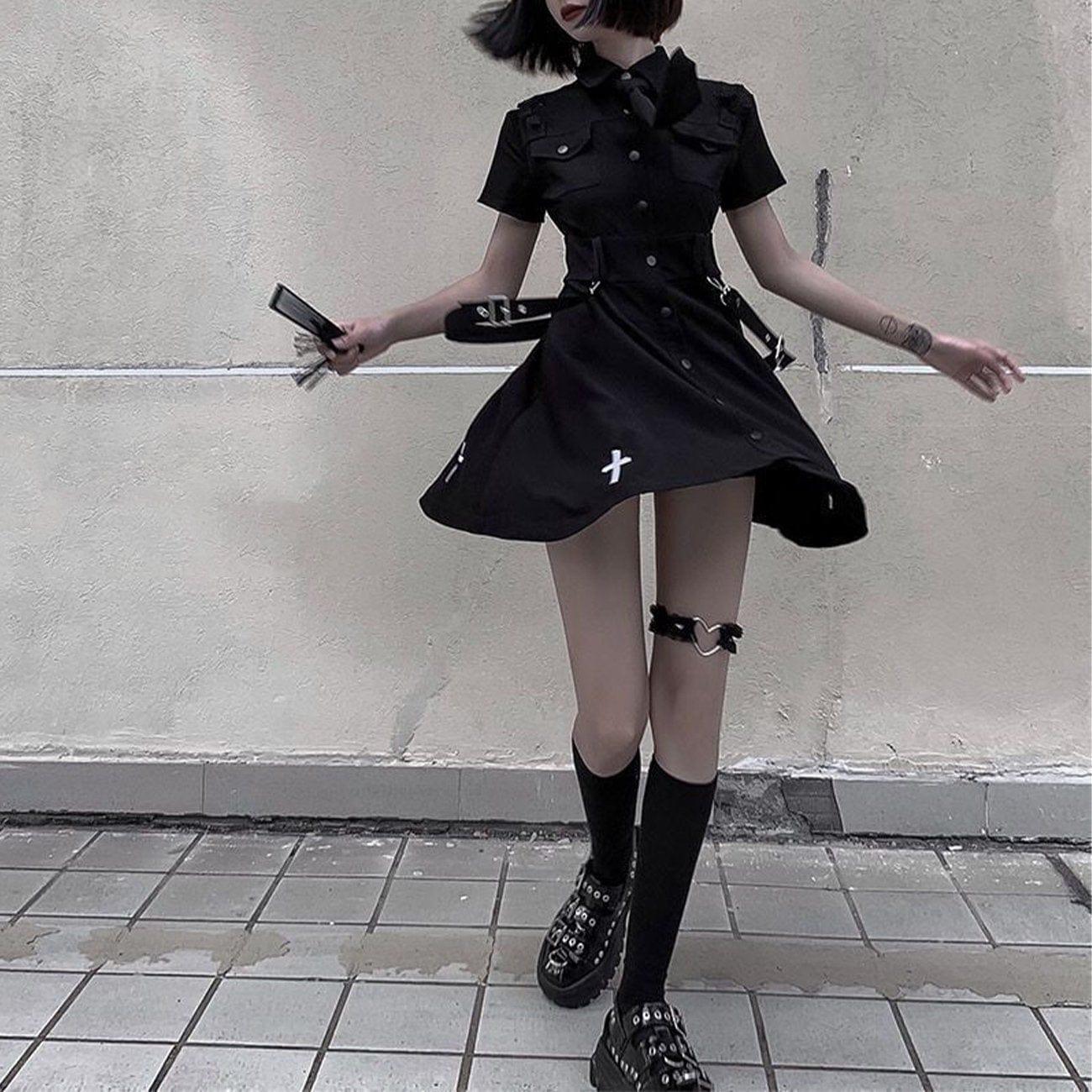 Dark Punk Cross Embroidery Tie Ribbons Dress