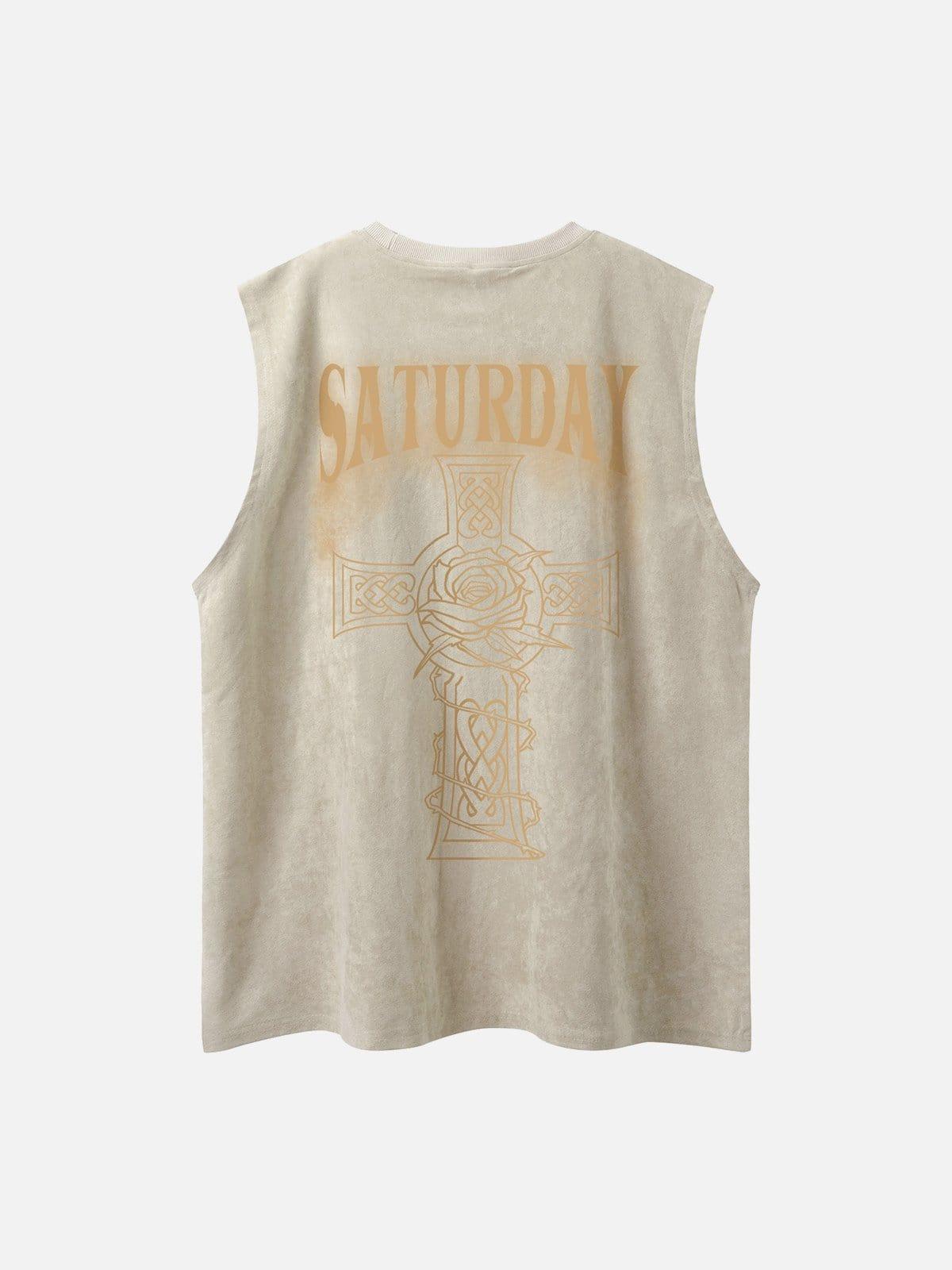 Necklace Cross Print Suede Vest