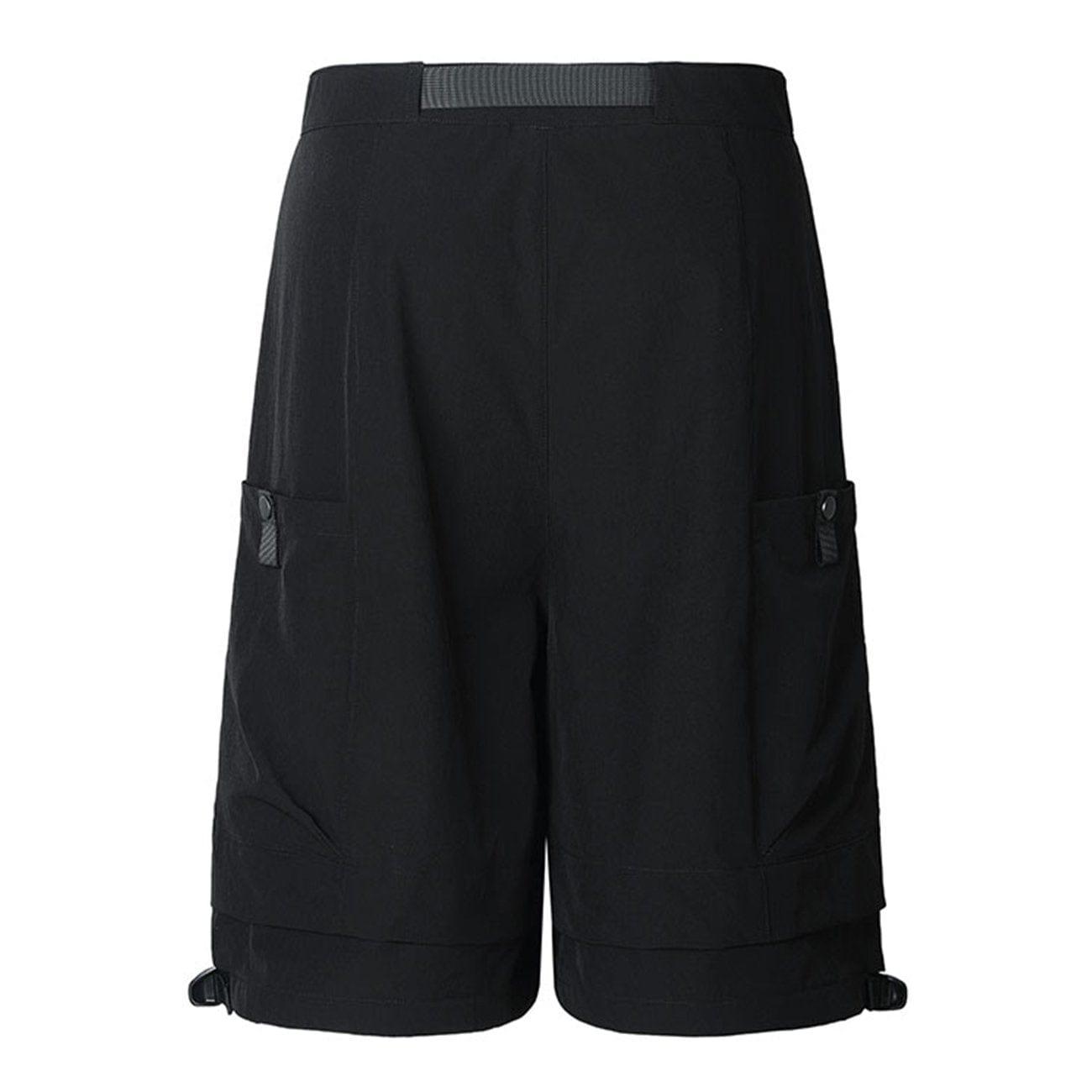 Patchwork Ribbon Zip Up Pocket Drawstring Function Shorts