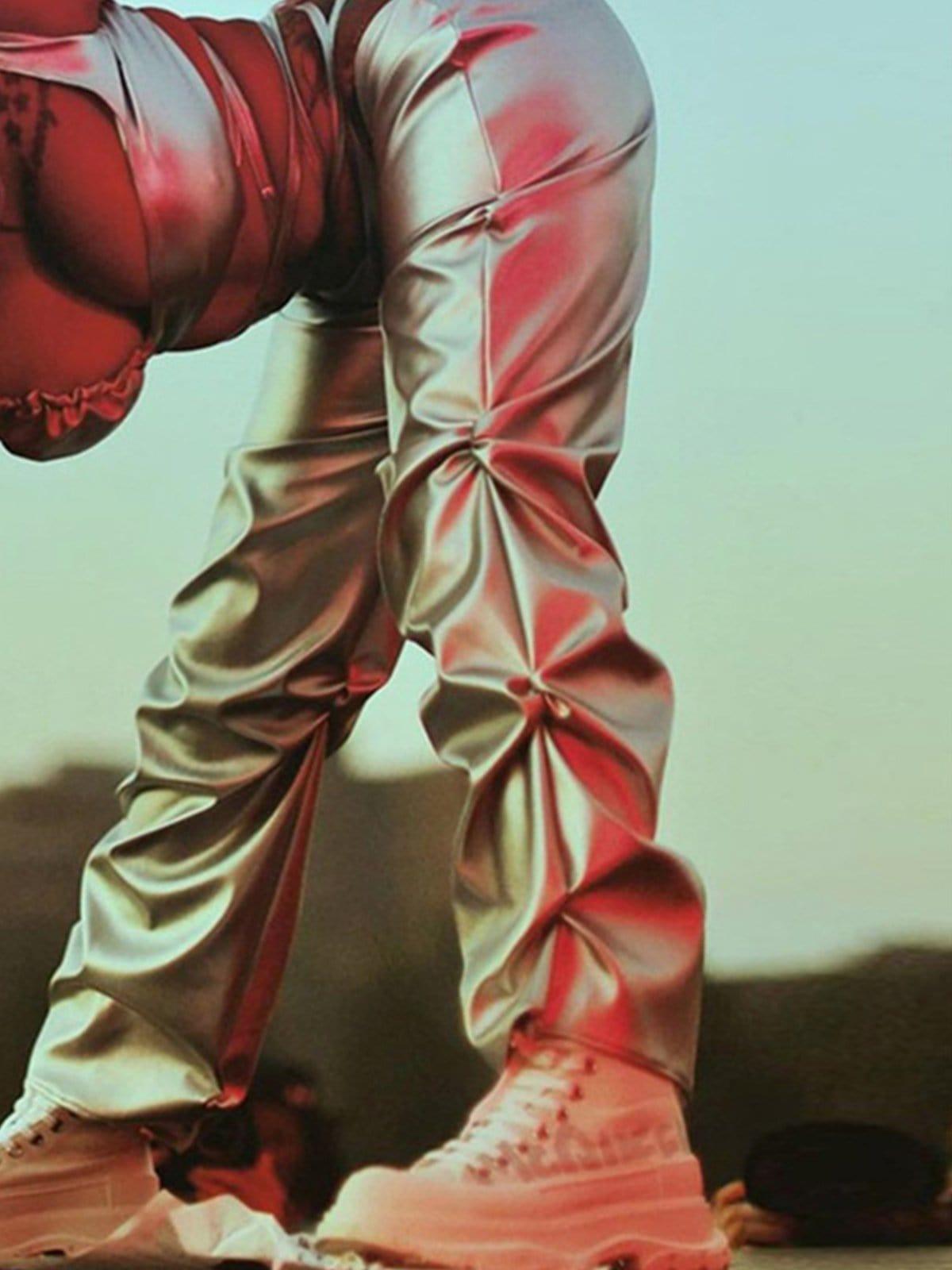 Technological Silver Pleated PU Pants