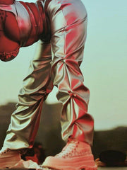 Technological Silver Pleated PU Pants