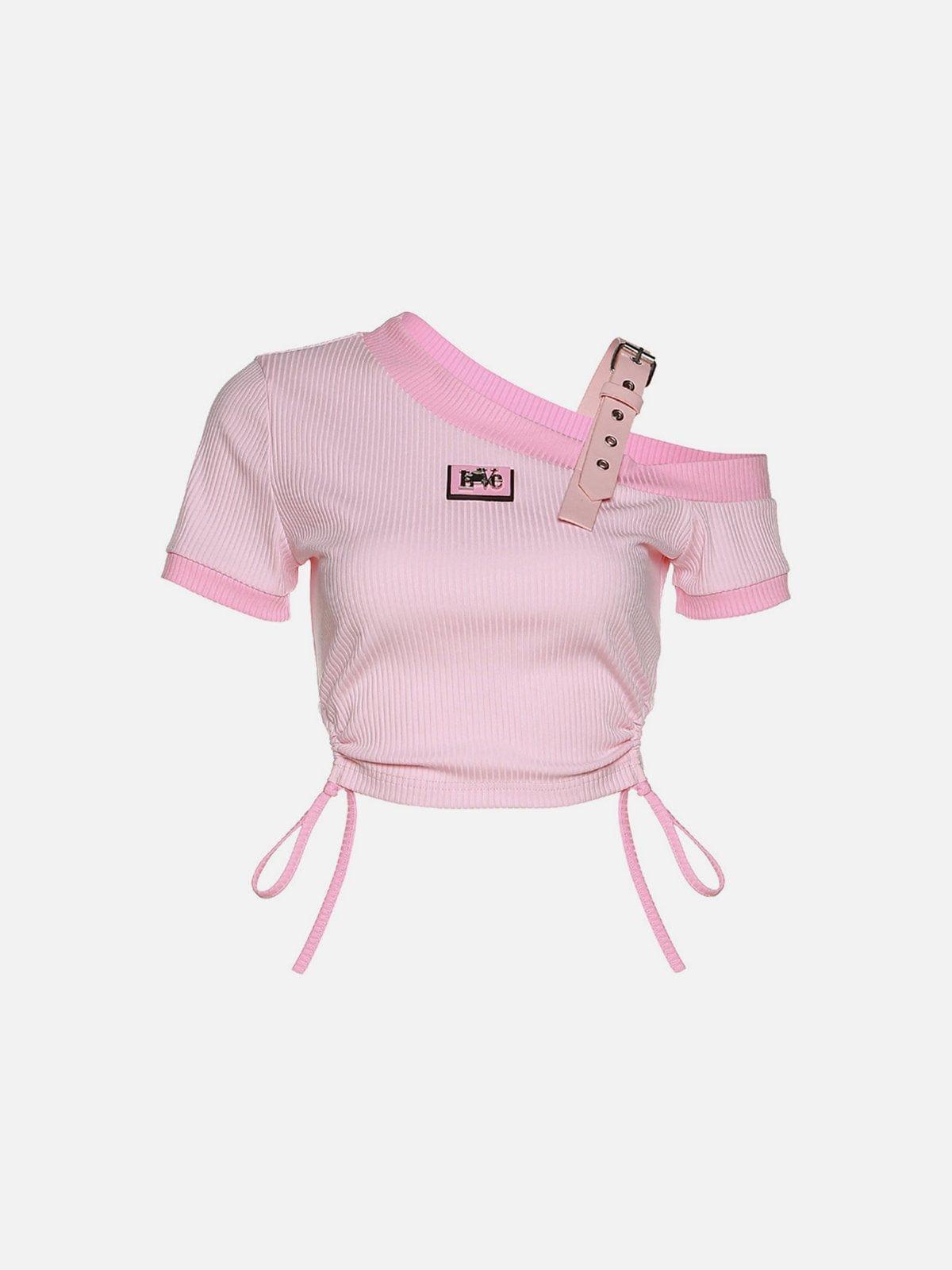 Irregular Shoulder Strap Short Sleeve T Shirt