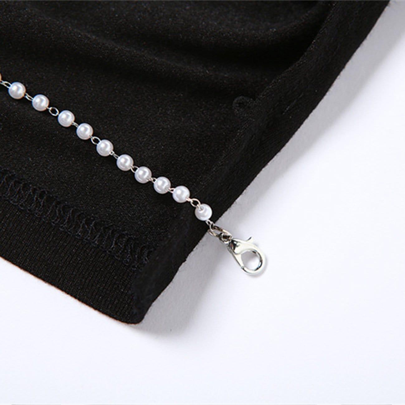 Hollow Irregular Pearl Chain Short Sleeve T Shirt