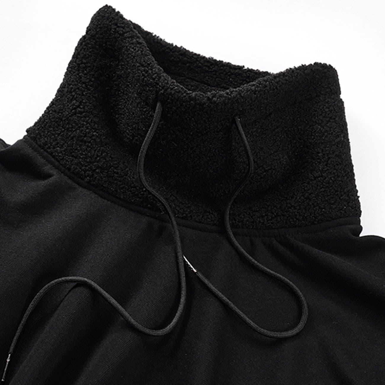Dark Sherpa High-neck Drawstring Sweatshirt