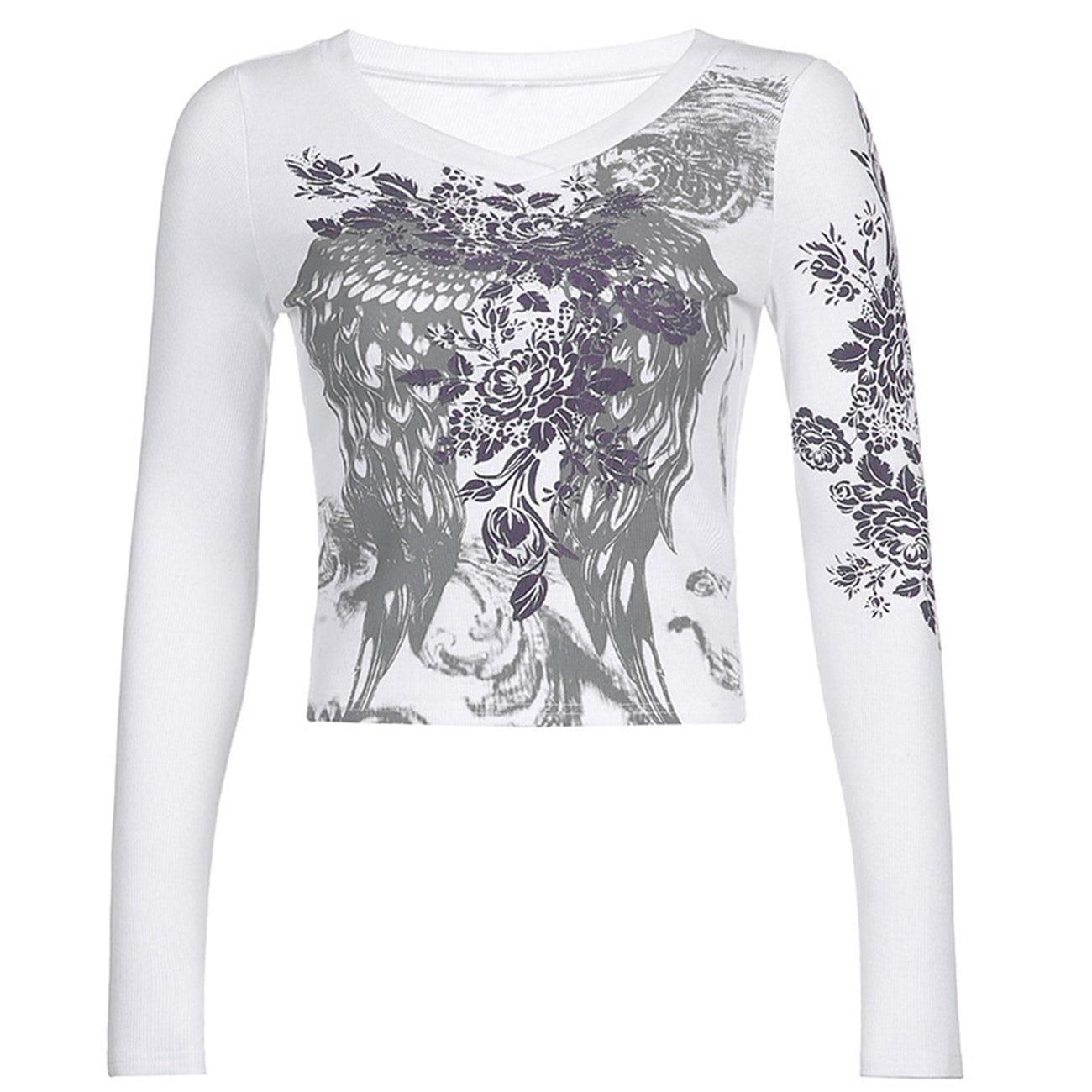 Rose Wings Graphic Long Sleeve T Shirt