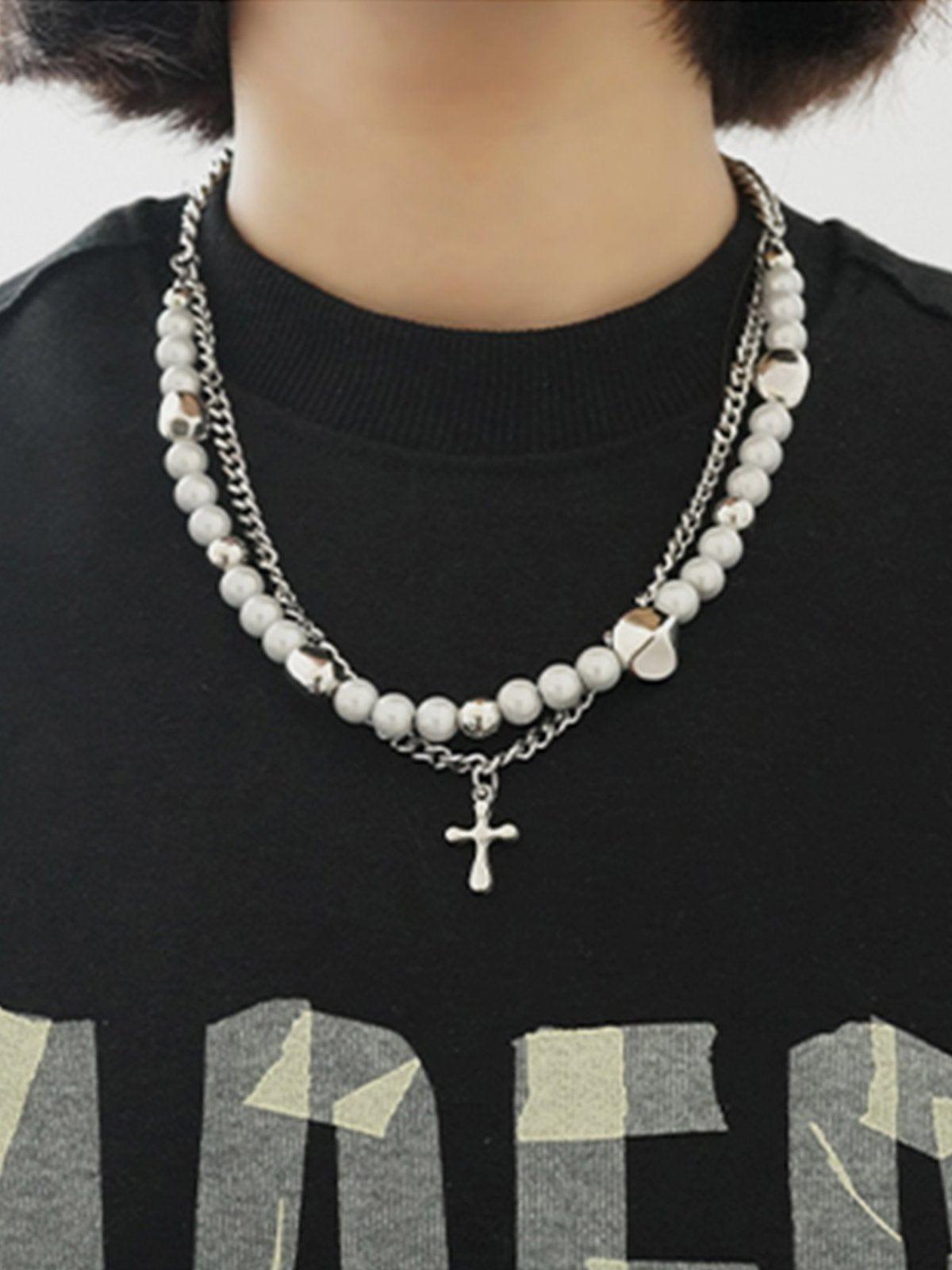Personalized Pearl Cross Double Necklace
