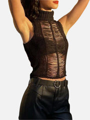 Dark Mesh Hollow Out Turtleneck Vest