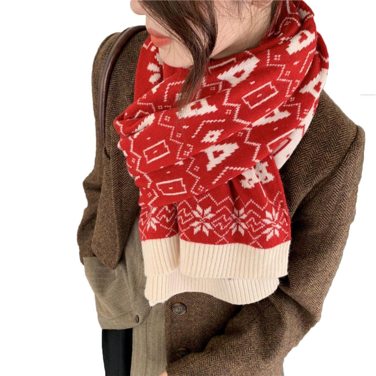 Christmas Tree Snowflakes Patchwork Knit Scarf