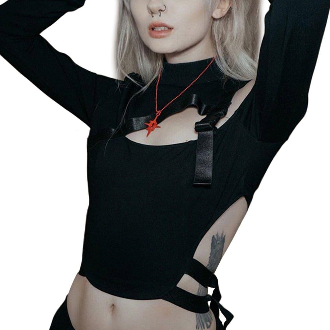 Dark Sexy Hollow Buckle Crop T Shirt
