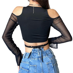 Hollow Mesh Cross Tie Long Sleeve T Shirt