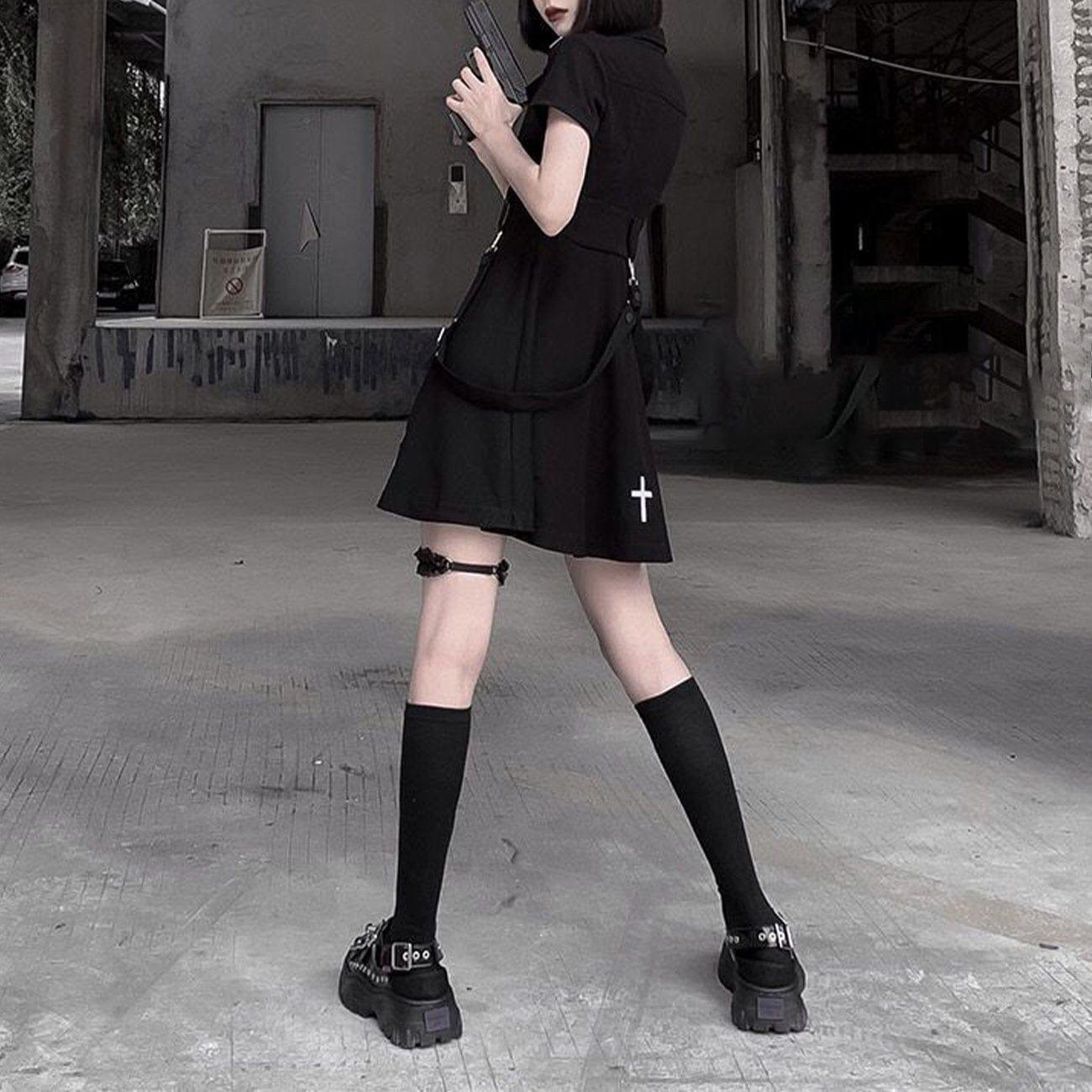 Dark Punk Cross Embroidery Tie Ribbons Dress