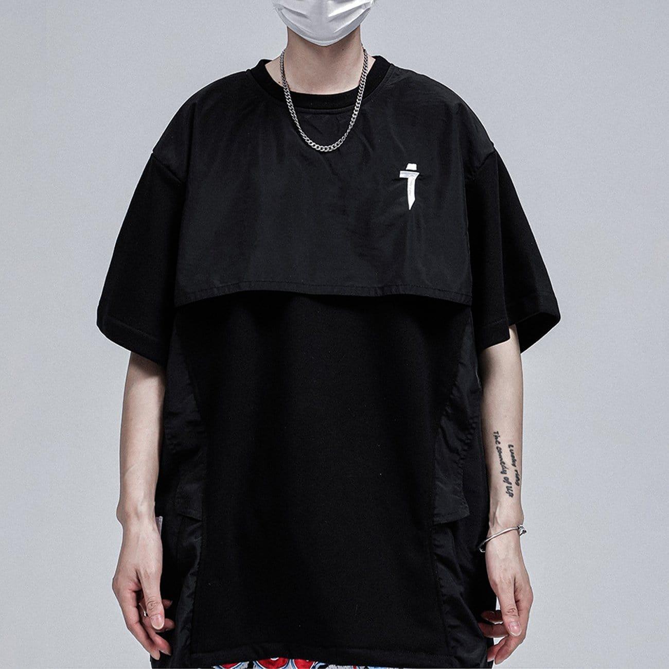 Fake Two Zipper Embroidery Decorative Pocket Tee