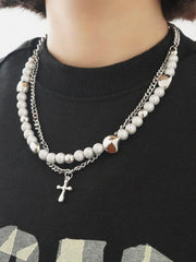 Personalized Pearl Cross Double Necklace