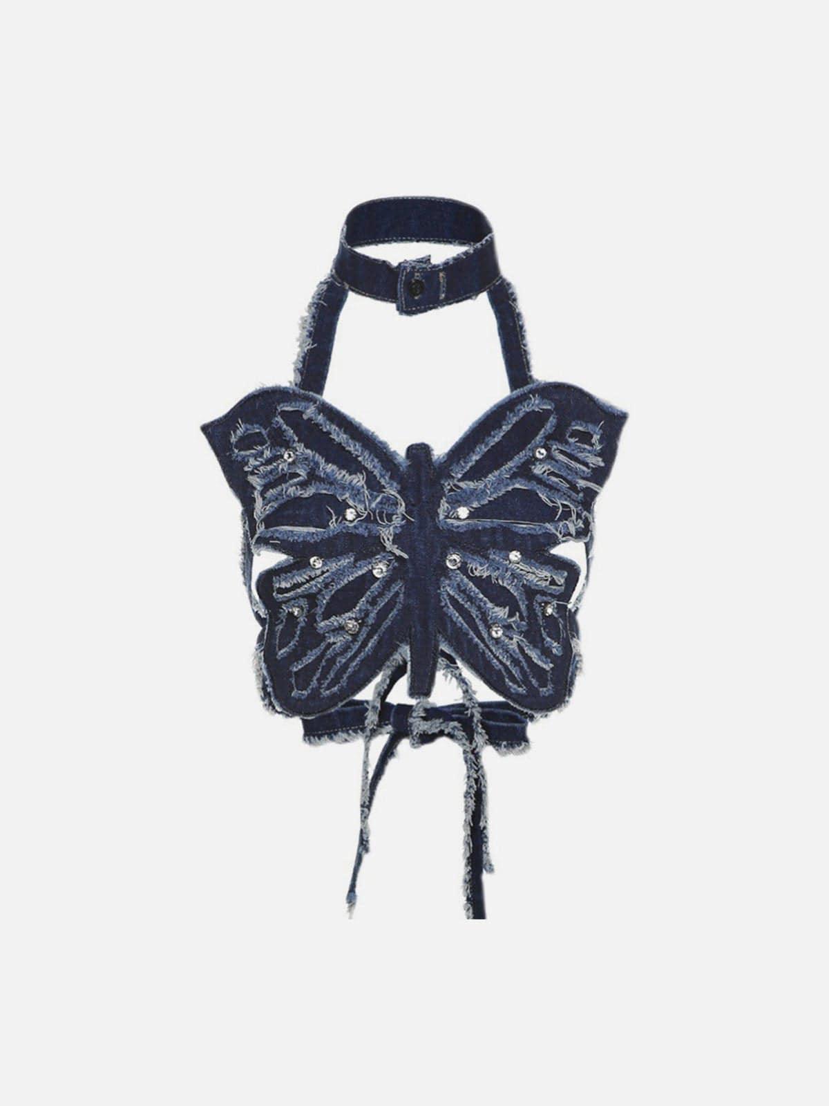 Denim Distressed Butterfly Suspender Vest