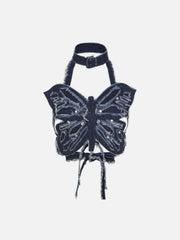 Denim Distressed Butterfly Suspender Vest