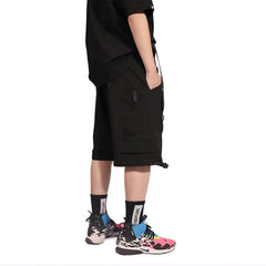 Patchwork Ribbon Zip Up Pocket Drawstring Function Shorts
