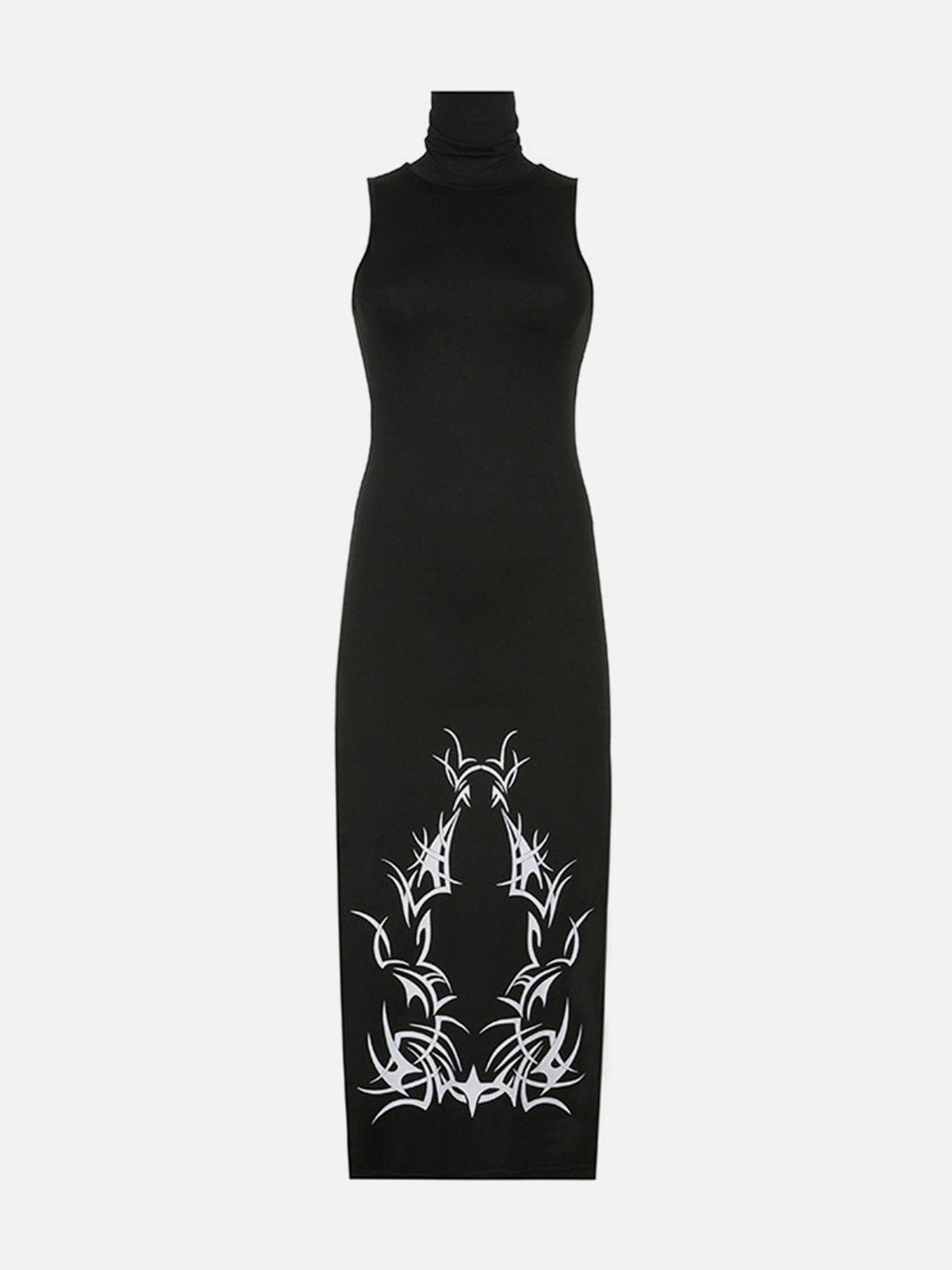 Dark Turtleneck Slit Long Dress