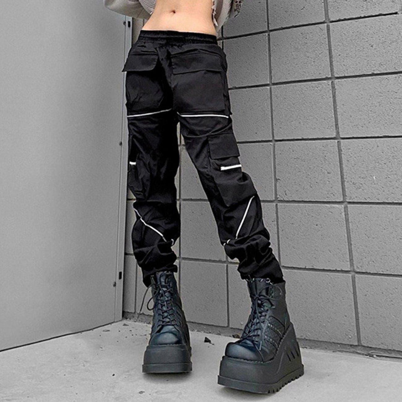 Asymmetric Zipper Reflective Strip Cargo Pants