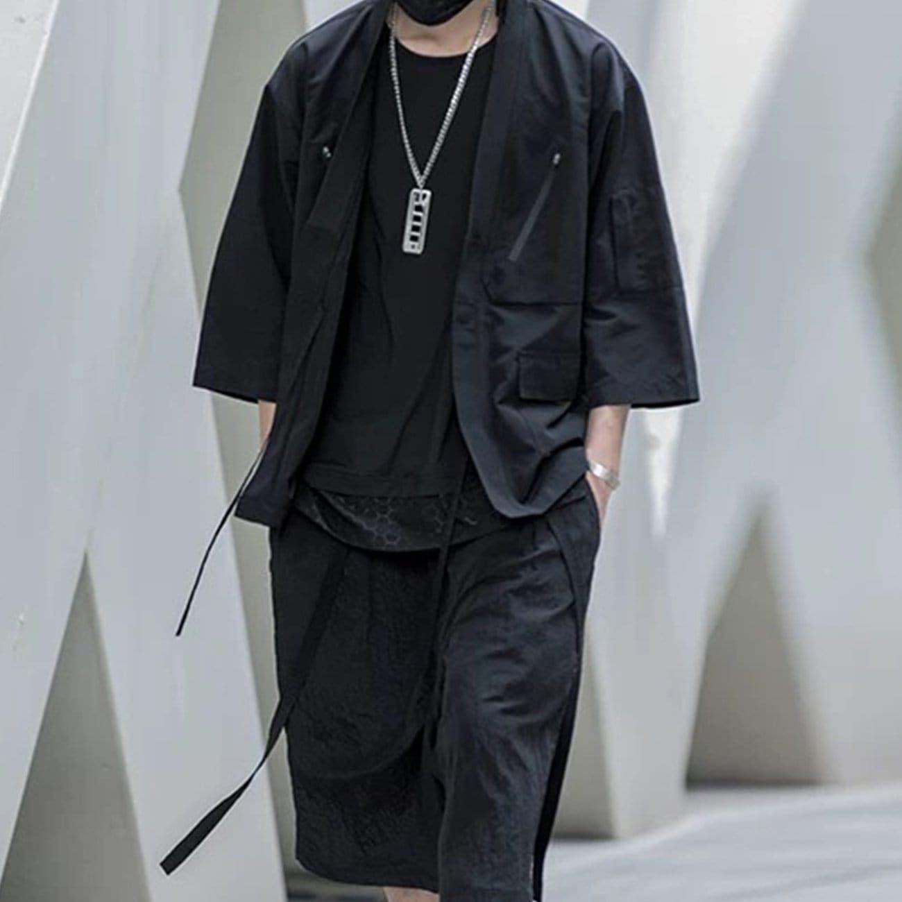Dark Functional Half Sleeve Multi-pocket Cardigan Jacket